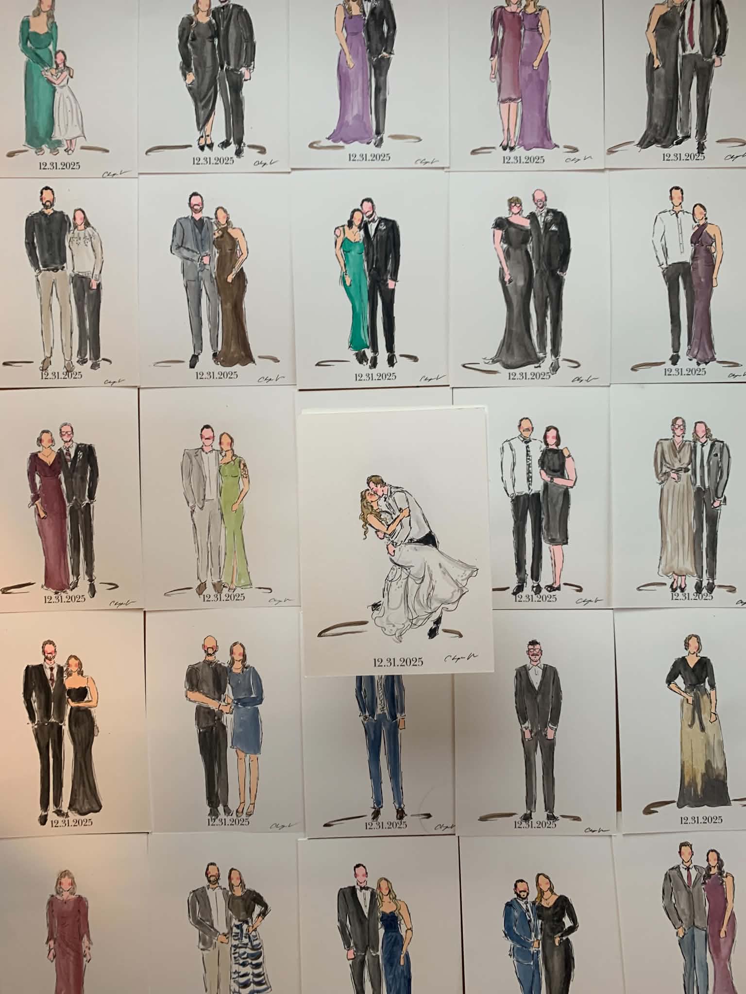 Collection of fashion sketches featuring various couples in formal and casual attire, some posing together, some standing alone.