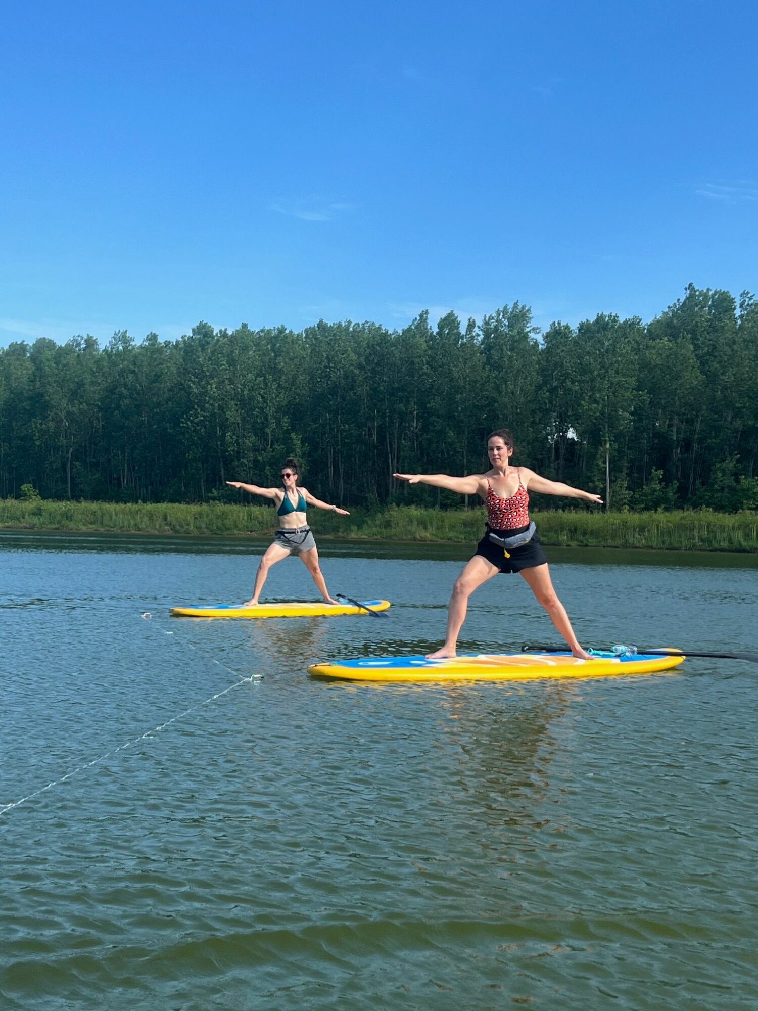 Two people stand on paddleboards in a lake, with trees and blue sky in the background.