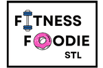 Fitness and food logo with a dumbbell and donut, text reads 'Fitness Foodie STL'.