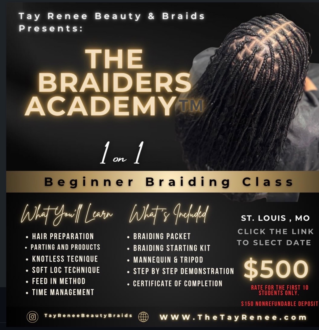 Poster advertising a beginner braiding class with a person showing braided hair from above, text details, and location in St. Louis, Missouri.