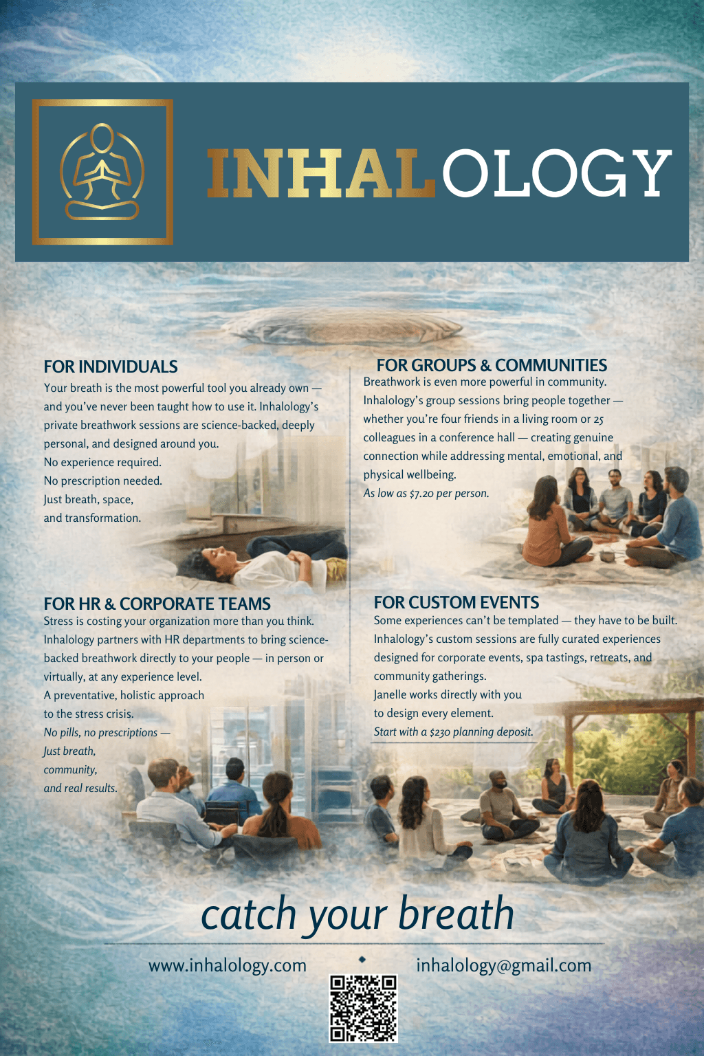 A promotional flyer for Inhalology featuring a logo, text about breathing and wellness, and images of people practicing breathing exercises outdoors and indoors.