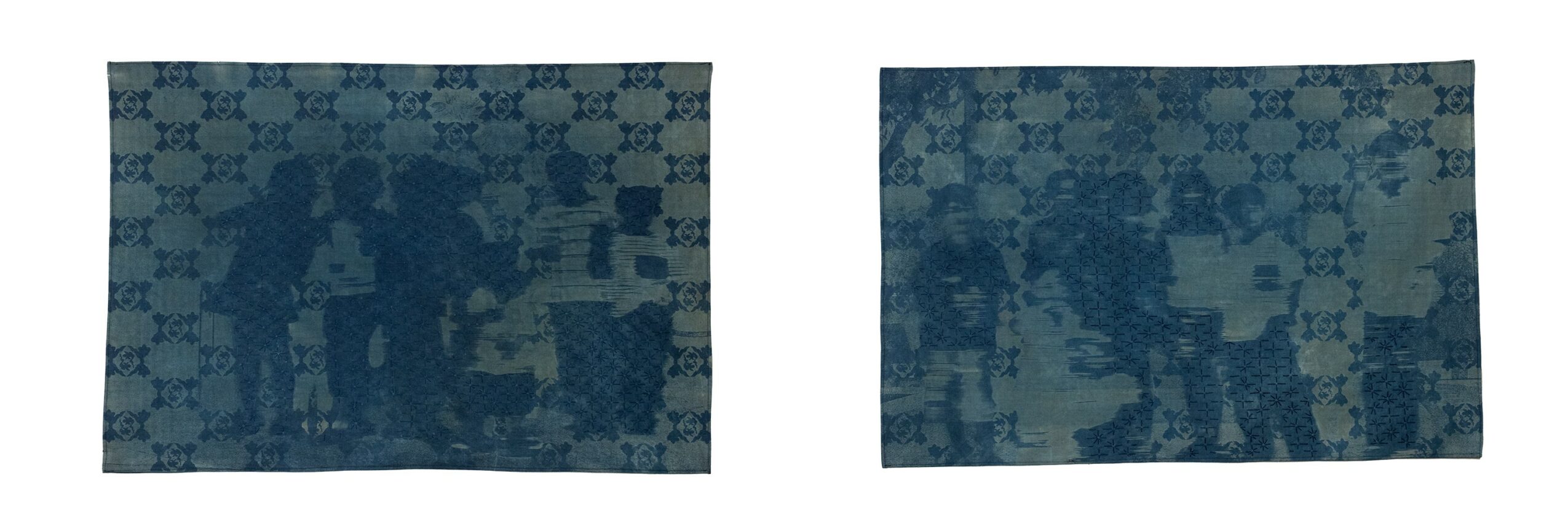 Two rectangular fabric pieces with a blue pattern, placed side by side.
