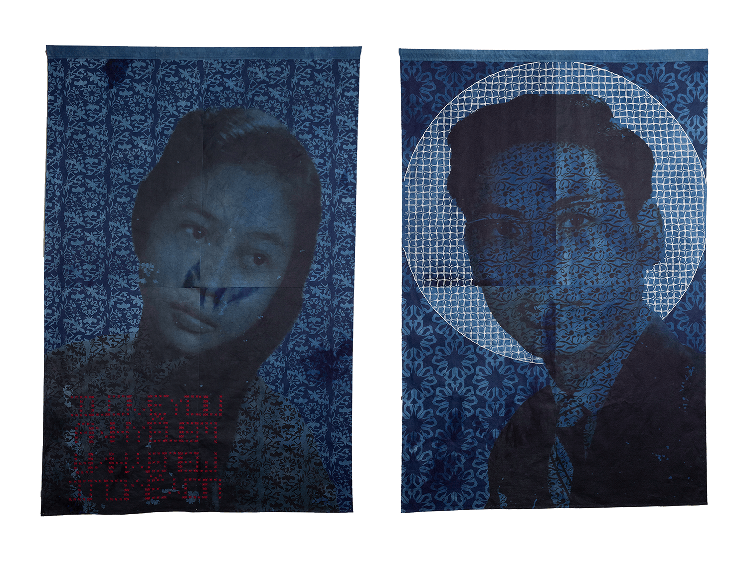 Two pixelated portraits of a woman and a man on fabric, with a blue tone and patterned backgrounds.