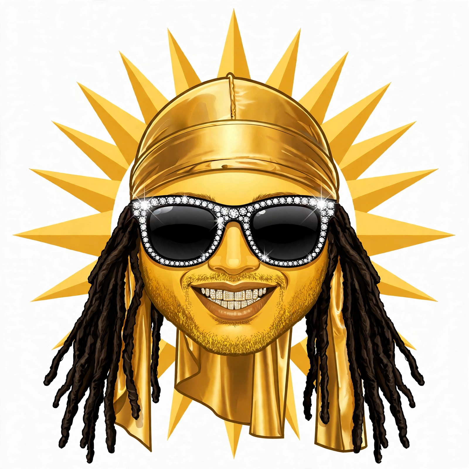 A smiling face with dreadlocks wearing sunglasses and a gold head covering, with a sunburst background.