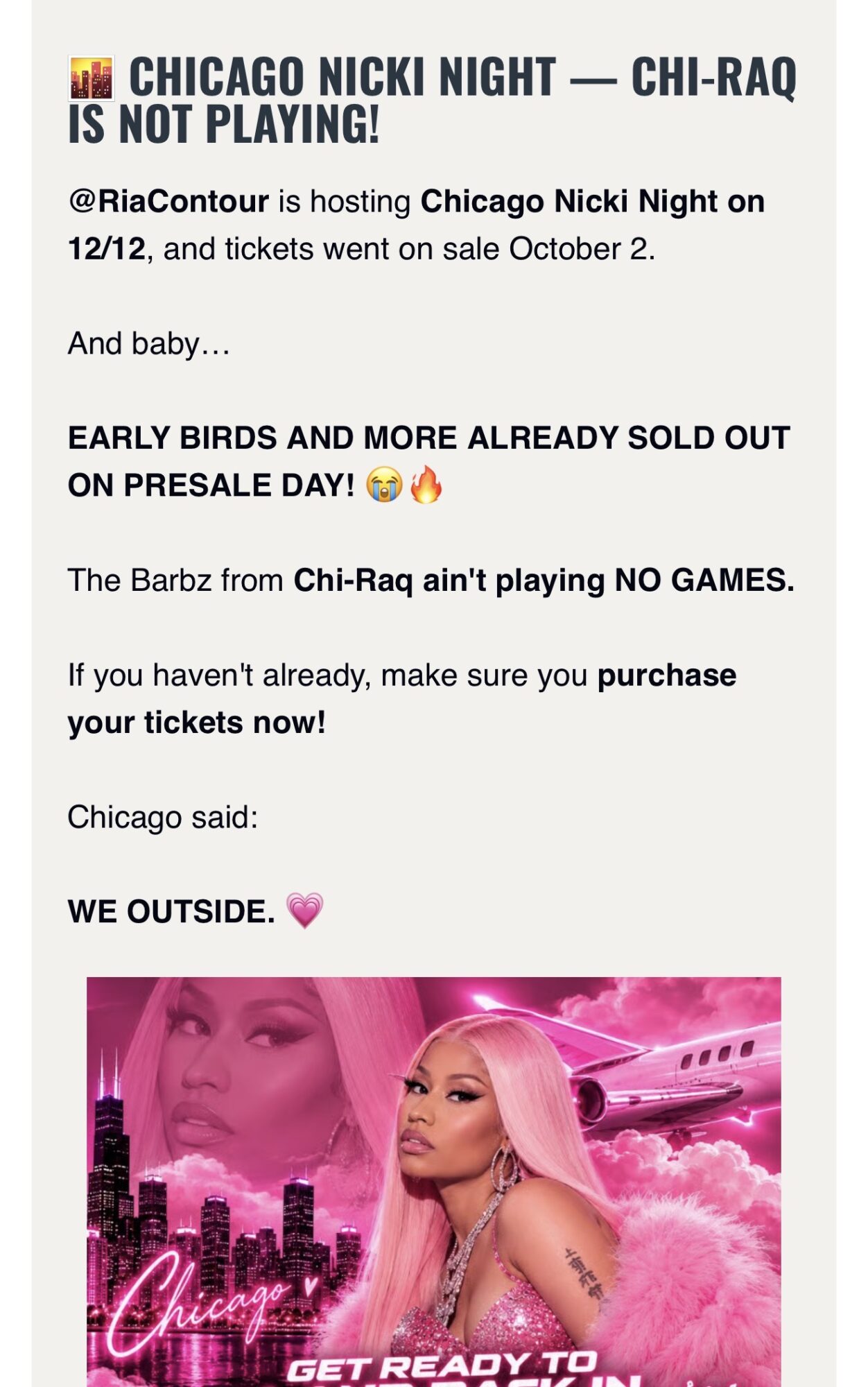 Pink-tinted promotional image of a woman with long blonde hair, with text about Chicago Nicki Night event and ticket sales.