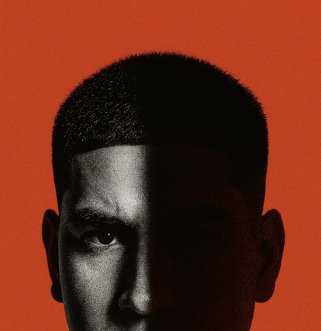 Close-up of a person's face with half in shadow against an orange background.